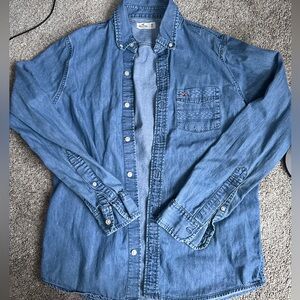 Men’s Hollister Denim Button-Up Shirt with Aztec design on pocket - Medium